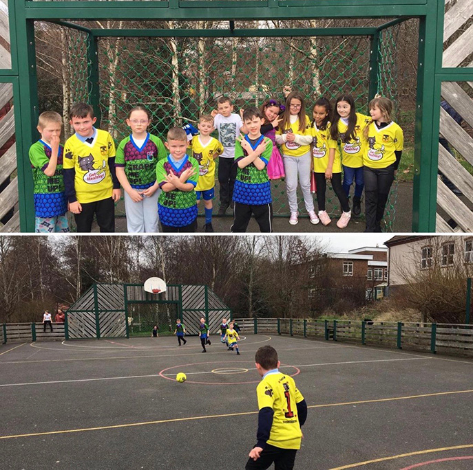Top: A group of children in bespoke football kits pose in front of a football goal. Bottom: Kids wearing the same jerseys play football on an outdoor court surrounded by fencing and trees.