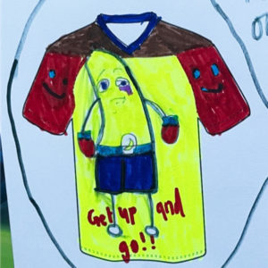 A colourful drawing of a yellow banana character wearing boxing gloves and shorts, with a bruised eye, features on this shirt with red sleeves. Perfect for fans of custom sportswear, the words Get up and go!! are written below.