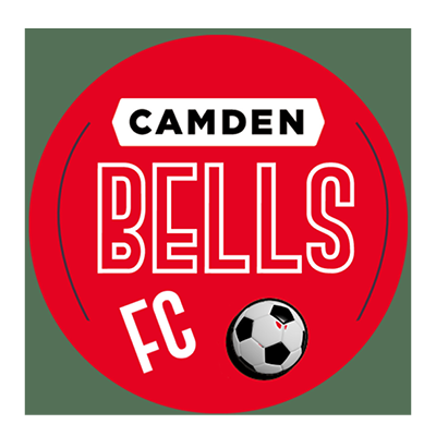 A red circular logo with the words Camden Bells FC in bold white and black letters. A black-and-white football sits below "FC" in the lower right, reflecting the team's passion for custom football shirts and unique sports identity.