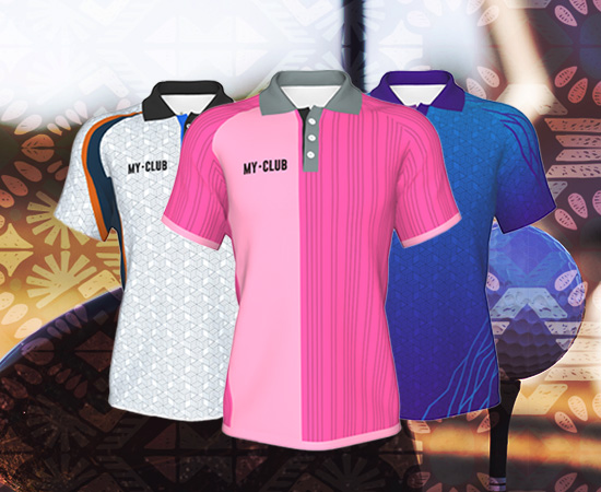 Three football shirts are displayed side by side: a white shirt with black and orange details, a pink shirt with a grey collar, and a blue shirt with purple patterns. All are custom football shirts featuring MY-CLUB printed on the chest.