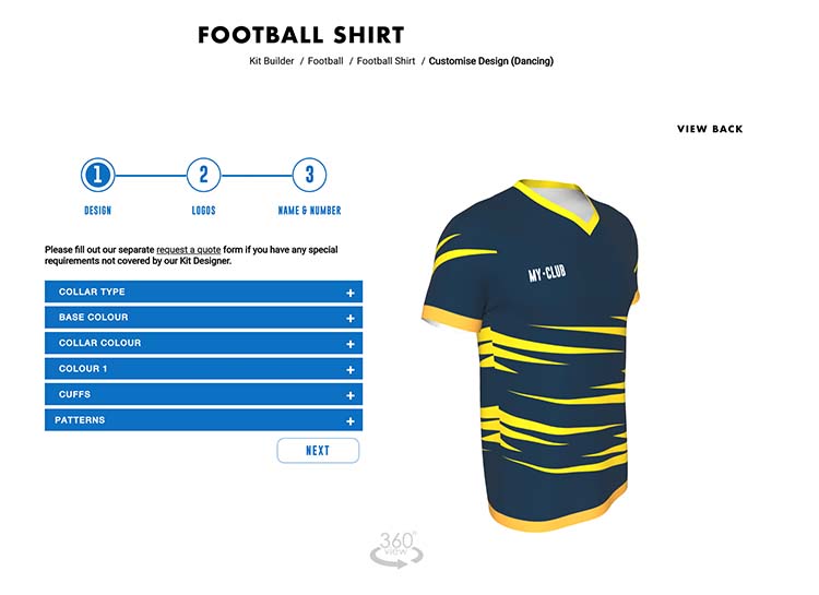 Ein Trikotdesigner-Tool zeigt ein marineblaues Trikot mit gelben Mustern, weißem und gelbem V-Ausschnitt und dem Text “MEIN VEREIN”. Die Optionen für die Erstellung individueller Fußballtrikots - Kragenart, Grundfarbe, Farben, Manschetten und Muster - sind auf der linken Seite aufgeführt.