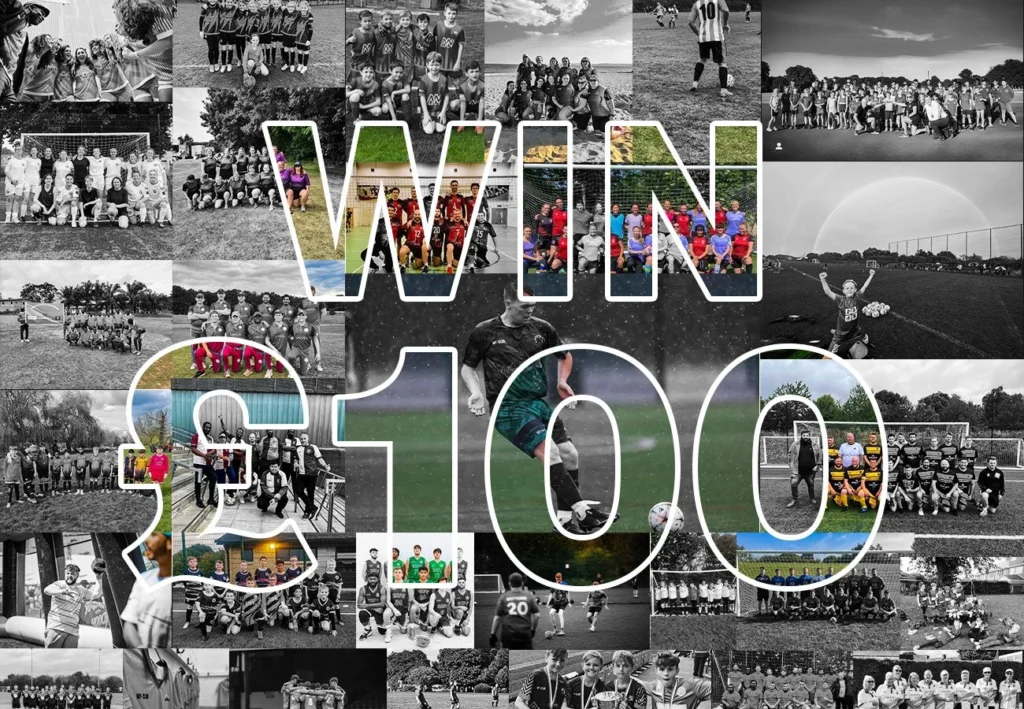 Den Hintergrund bildet eine Collage aus verschiedenen Fotos von Fußballmannschaften. Darüber liegt ein großer, transparenter Text, auf dem in fetten Buchstaben WIN £100 steht - perfekt für Fans von personalisierten Fußballtrikots und individuellen Fußballtrikots.