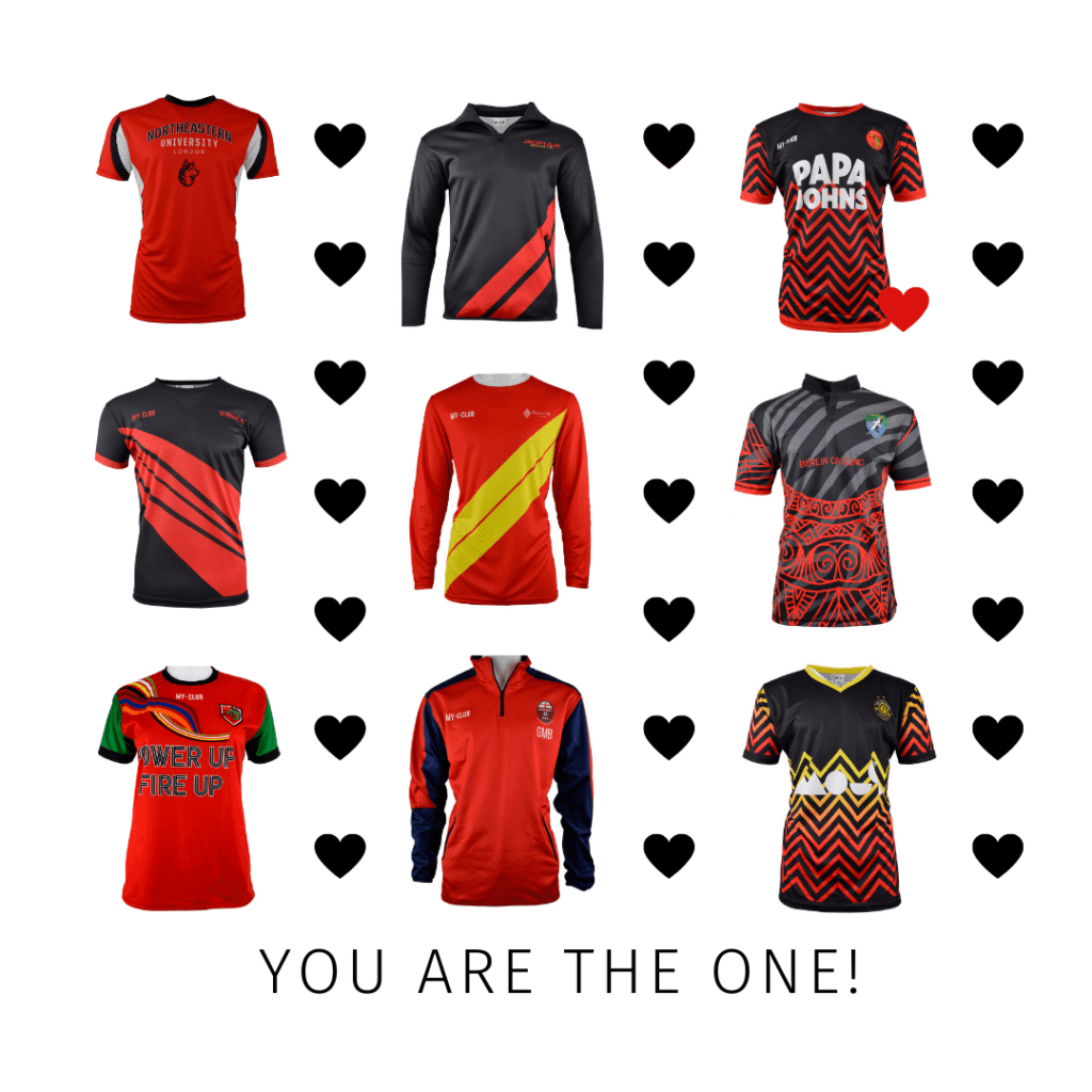 Une grille de douze kits de sport personnalisés rouges et noirs, chacun dans un carré avec un cœur noir. Le deuxième kit de la rangée supérieure a un cœur rouge. Le texte en bas indique : YOU ARE THE ONE !.