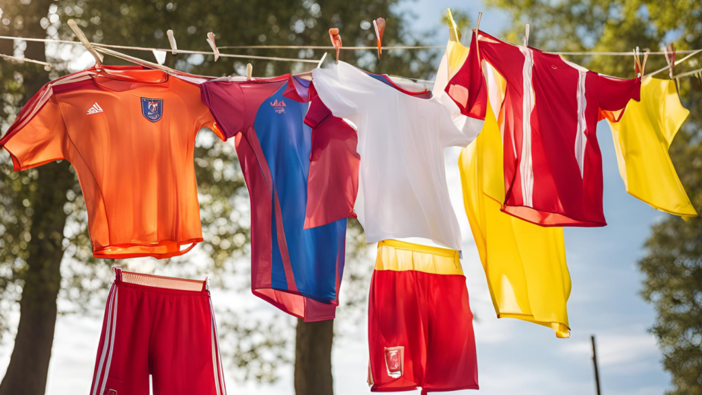Auf einer Wäscheleine hängt eine Gruppe von Sportkleidung, darunter personalisierte Fußballtrikots.