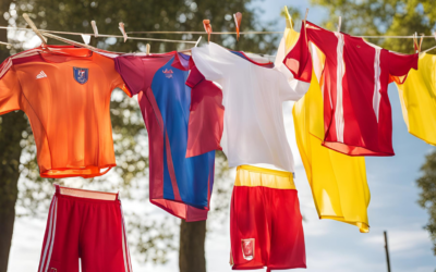 Custom football shirts and shorts in vibrant colours&mdash;orange, blue, red, white, and yellow&mdash;are hanging on a washing line outside, drying in the sun with trees in the background.