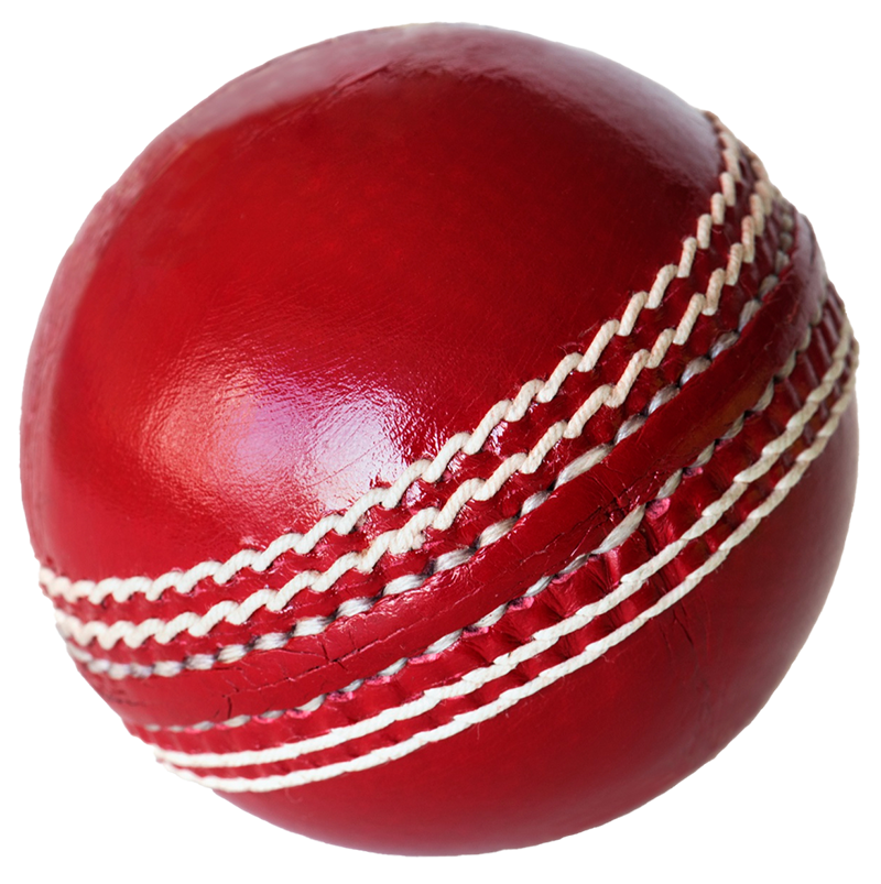 A red cricket ball with multiple white stitched seams.