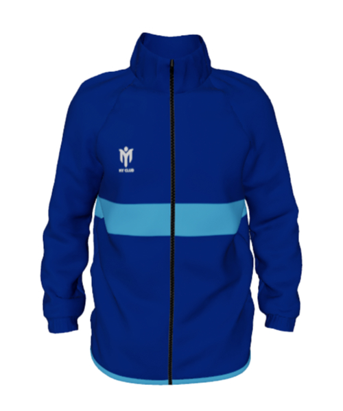 Eine königsblaue Trainingsjacke mit Reißverschluss, einem hellblauen Querstreifen, einem kleinen weißen Emblem und dem Schriftzug „MY CLUB“ auf der linken Seite. Sie eignet sich perfekt für Mannschaften, die nach maßgeschneiderten Sportoutfits suchen, und besticht durch einen hohen Kragen und lange Ärmel, die für Komfort und Stil sorgen.