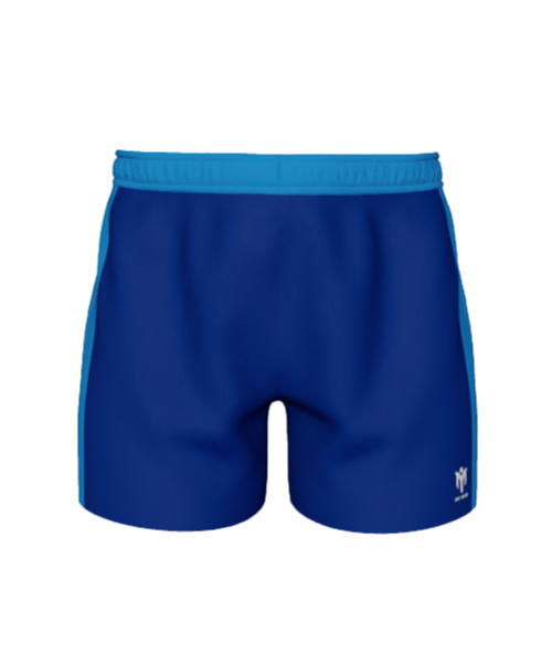 A pair of blue athletic shorts with a lighter blue waistband and side panels, featuring a small white logo on the lower left leg—perfect for custom sportswear or adding to your custom sports kits collection.