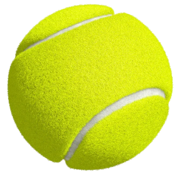 Une balle de tennis jaune vif avec des coutures incurvées blanches, isolée sur un fond blanc.
