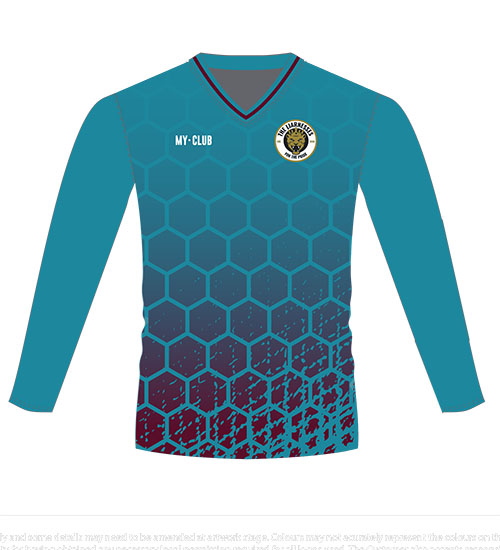 A teal long-sleeve football shirt with a honeycomb pattern, fading to dark maroon at the bottom. The left chest features a club badge, and MY CLUB text appears on the right chest.