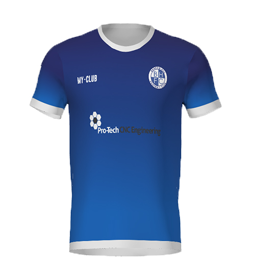 A blue football jersey with white trim, featuring the BHFC crest, MY-CLUB text, and Pro-Tech CNC Engineering sponsor logo on the front. The shirt fades from dark to light blue from top to bottom.