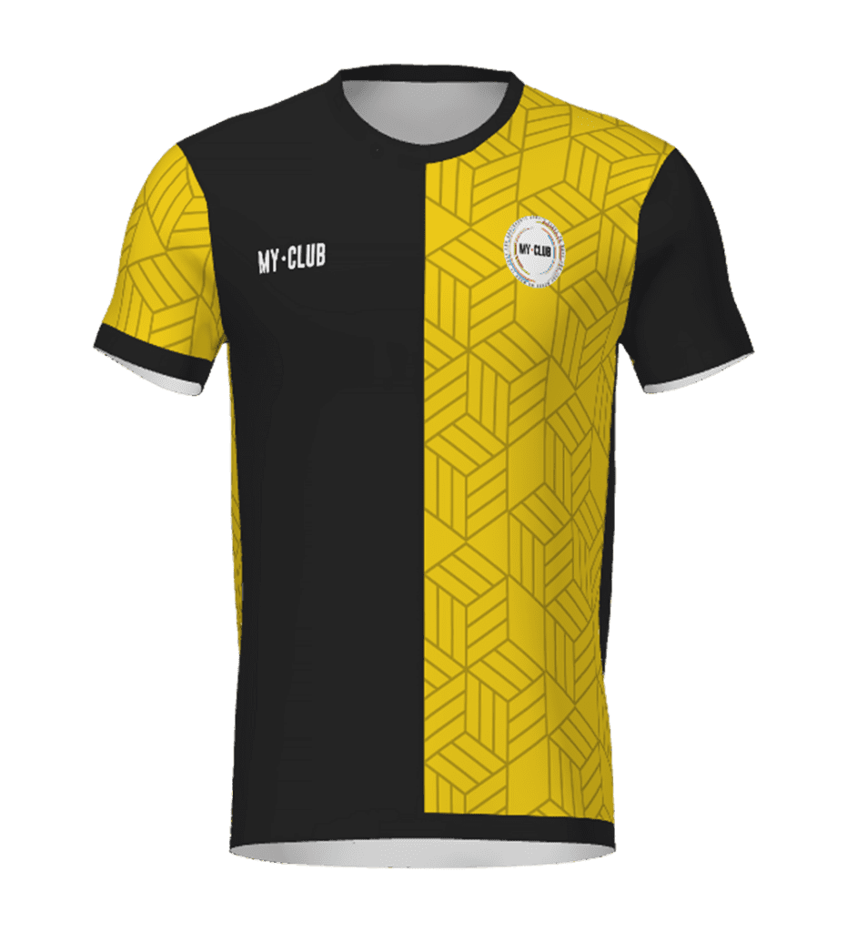 A short-sleeved football shirt with a vertical split design: the left half is plain black, and the right half is yellow with a geometric pattern. The shirt features MY-CLUB text and a round club badge on the chest.