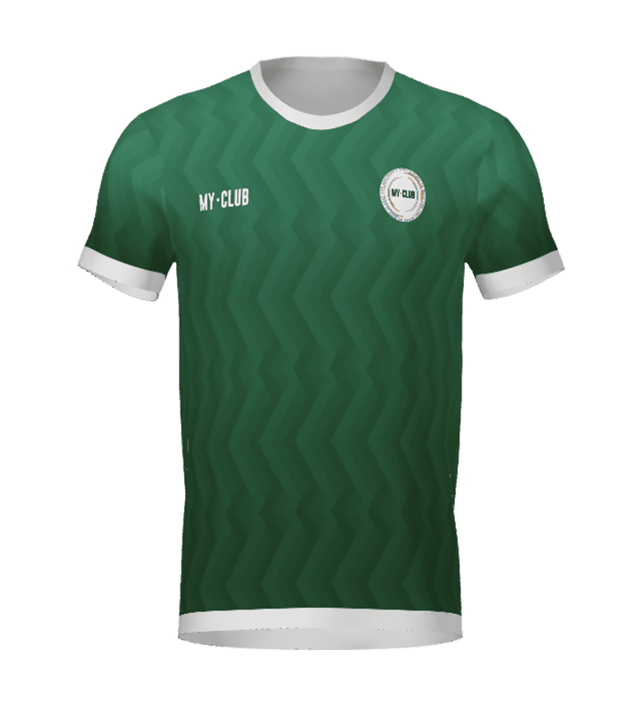 A green football jersey with zigzag patterns, white collar and sleeve cuffs, and MY-CLUB printed on the left chest. A circular badge with MY-CLUB is on the right chest. The background is plain white.