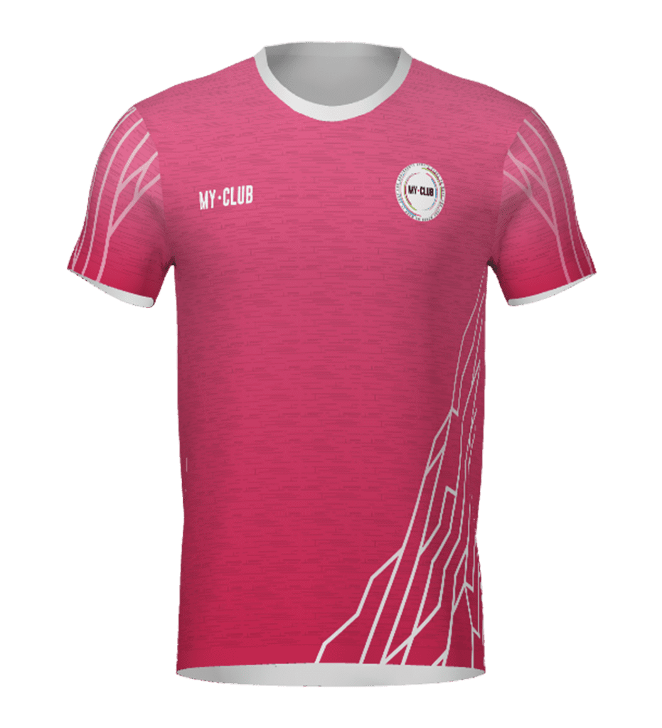 A pink short-sleeve sports jersey with white accents, featuring a white collar, abstract white line patterns on the sleeves and lower side, and two MY CLUB logos on the chest.