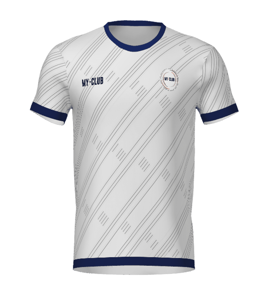 A white short-sleeve football shirt with thin diagonal silver stripes, navy blue collar and sleeve cuffs, and MY-CLUB text and logo on the chest.