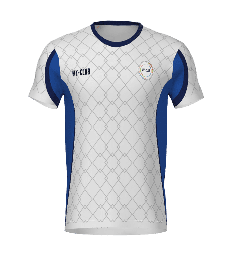 A white short-sleeve sports shirt with a subtle diamond pattern, blue side panels, and black collar trim. MY CLUB logo appears on the left chest and right chest, with a circular emblem on the left.