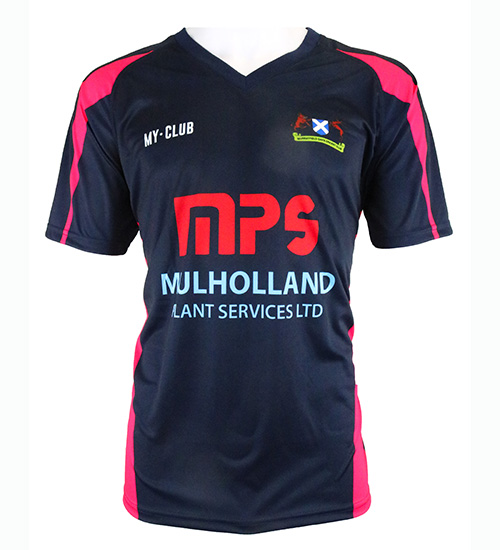 A navy blue sports jersey with red accents, featuring various logos and text including MY-CLUB, a crest with a Scottish flag, MPS, and MULHOLLAND PLANT SERVICES LTD on the front.