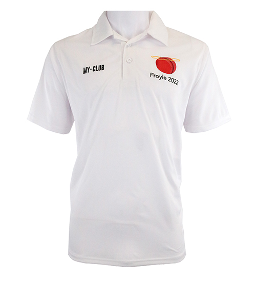 A white short-sleeve polo shirt with MY-CLUB text on the left chest and a red cricket ball with Froyle 2022 written beside it on the right chest.