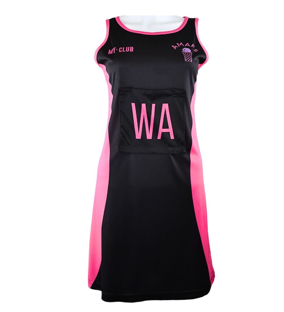 A sleeveless black and pink netball dress with MT CLUB and a logo on the chest, and a large WA bib on the front, displayed on a mannequin.