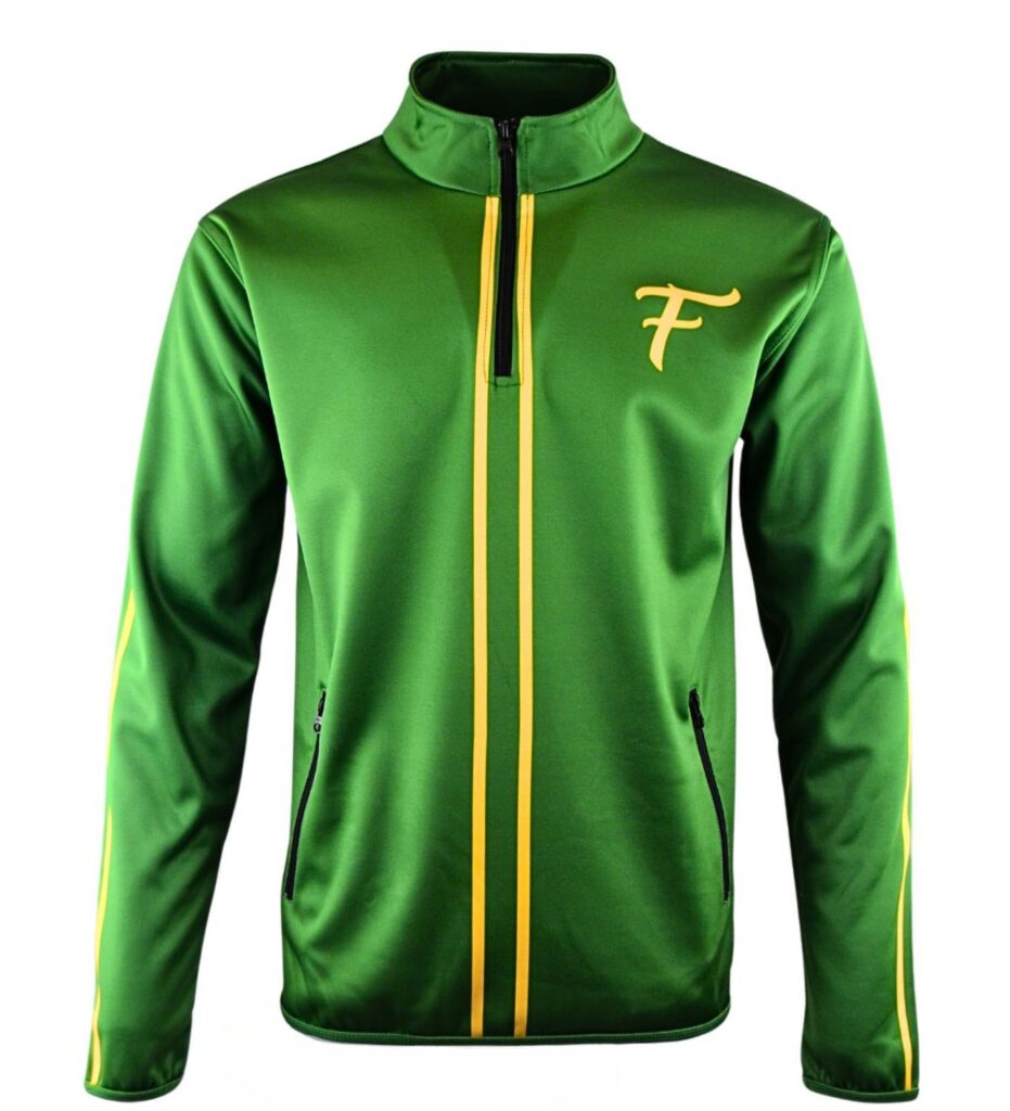 Green zip-up jacket with yellow vertical stripes down the front and sleeves, featuring a yellow stylised F logo on the left chest. The jacket has a high collar and zipped side pockets.