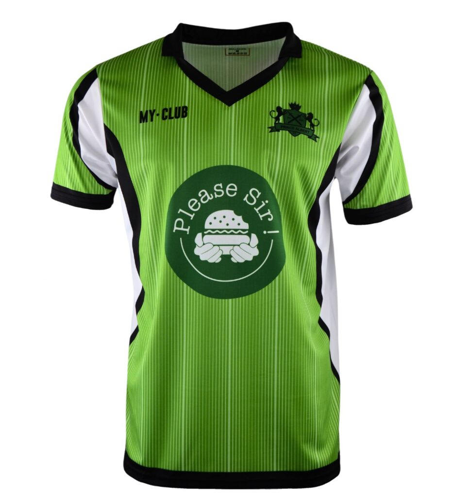 A green and black short-sleeved sports jersey with white side panels. The chest has a logo with a burger and the text Please Sir! and another logo and the text MY CLUB on the upper chest.