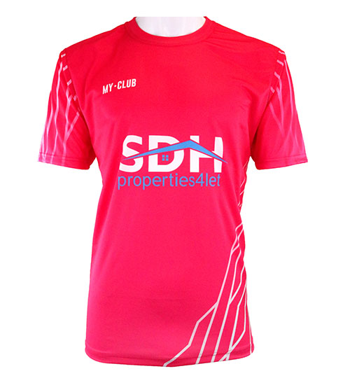 A bright pink short-sleeve sports shirt with white graphic stripes, the text MY-CLUB on the upper chest and SDH properties4let as the main sponsor logo across the front. Displayed on a mannequin torso.