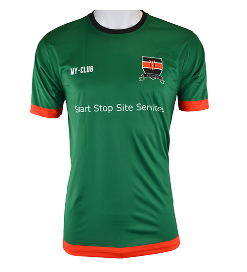 A green short-sleeved football shirt with orange trim on the sleeves and hem, featuring a small crest with a Kenyan flag, MY-CLUB text, and Start Stop Site Services printed on the front.