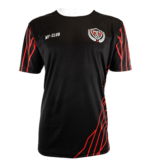 Black short-sleeve football shirt with red diagonal stripes on the shoulders and sides, a white collar, and two logos on the chest: one reading MY-CLUB, the other showing a crest with laurels.