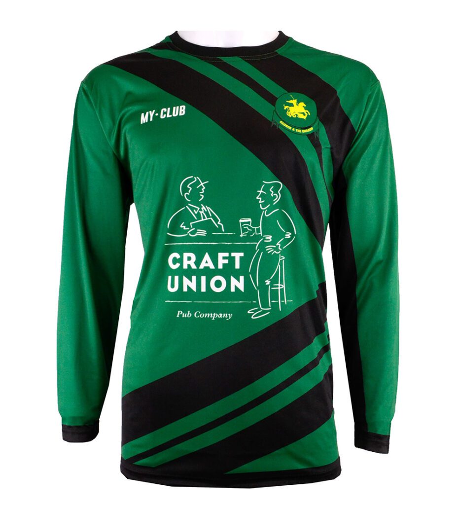 A long-sleeve green and black football shirt with diagonal black stripes, featuring a MY CLUB logo, a yellow and green crest, and a CRAFT UNION Pub Company graphic with two people talking.
