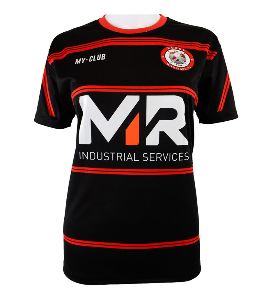 Black short-sleeve sports jersey with red accents, featuring a circular club logo on the left chest, MY CLUB on the right chest, and MR INDUSTRIAL SERVICES as the main sponsor in bold white and orange.