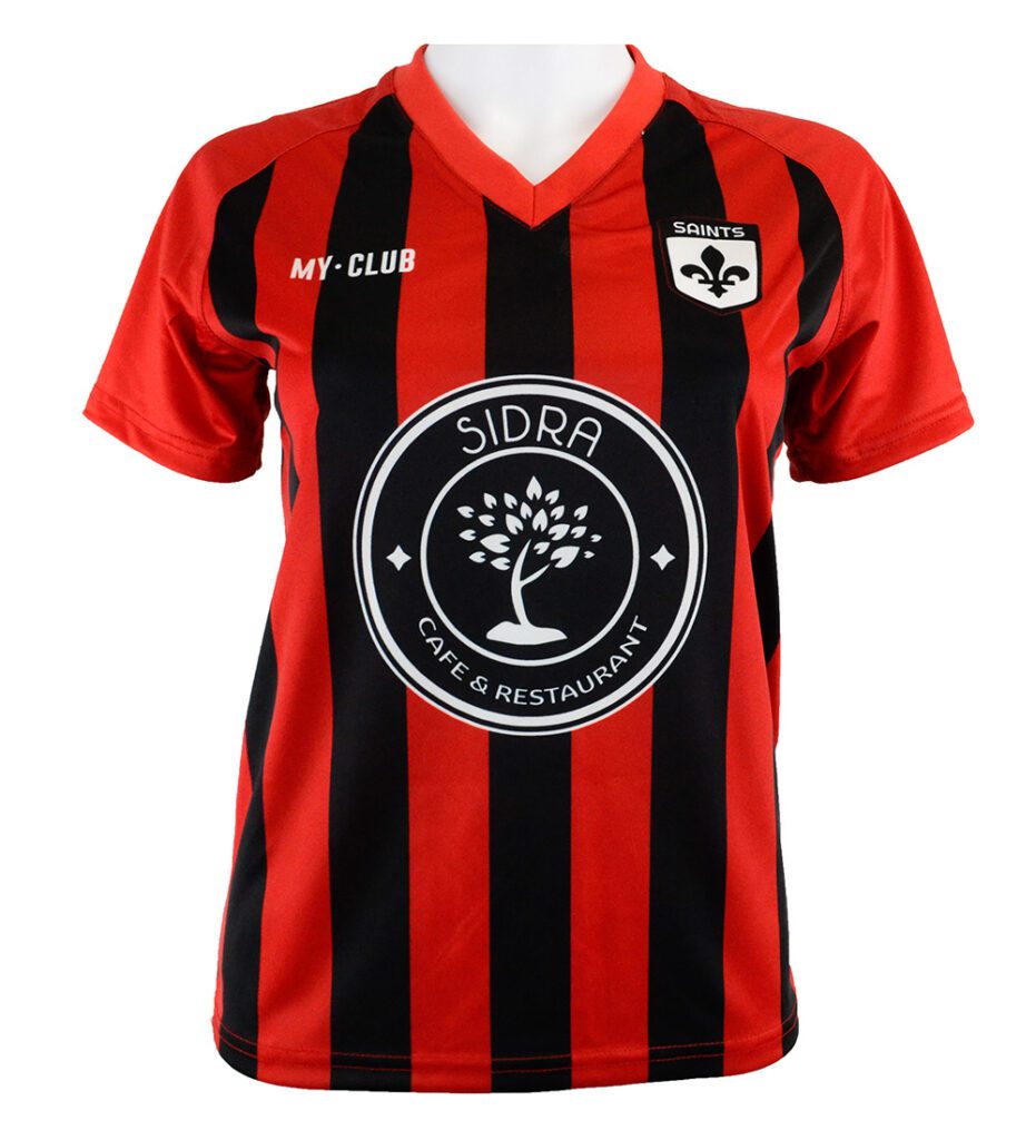 A red and black striped football shirt with a SIDRA CAFE & RESTAURANT logo in the centre, MY-CLUB text on the right chest, and a SAINTS badge with a fleur-de-lys on the left chest.