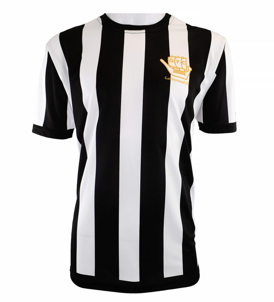 A black and white vertically striped football shirt with short sleeves and a gold crest featuring a boat and the text Galwaywood FC on the left chest.