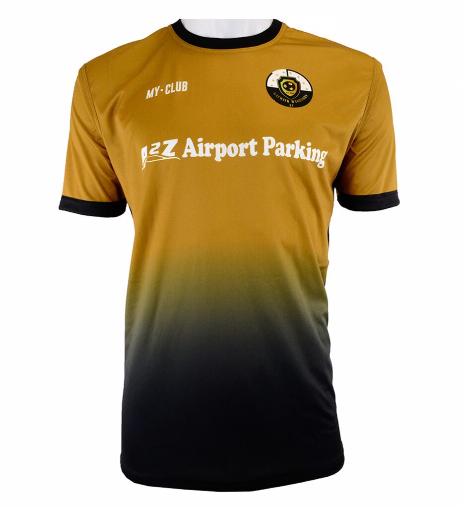 A short-sleeved football shirt with a gold-to-black gradient design, black collar and sleeve trim, and white logos and text that read MY-CLUB, PZ Airport Parking, and a round club badge on the chest.
