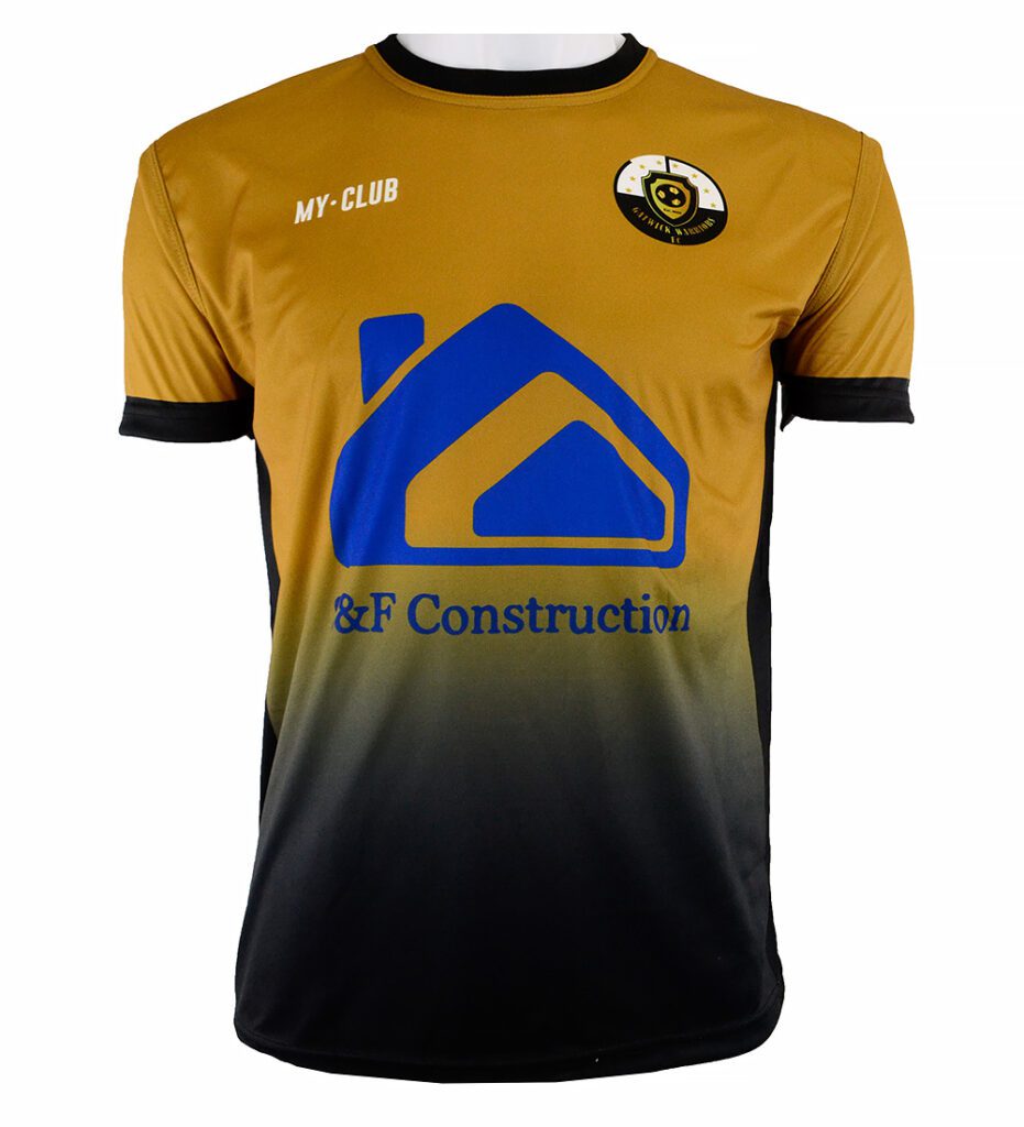 A gold and black football shirt with a blue house logo and “&F Construction” on the front, “MY-CLUB” text on the right chest, and a circular team badge on the left chest.