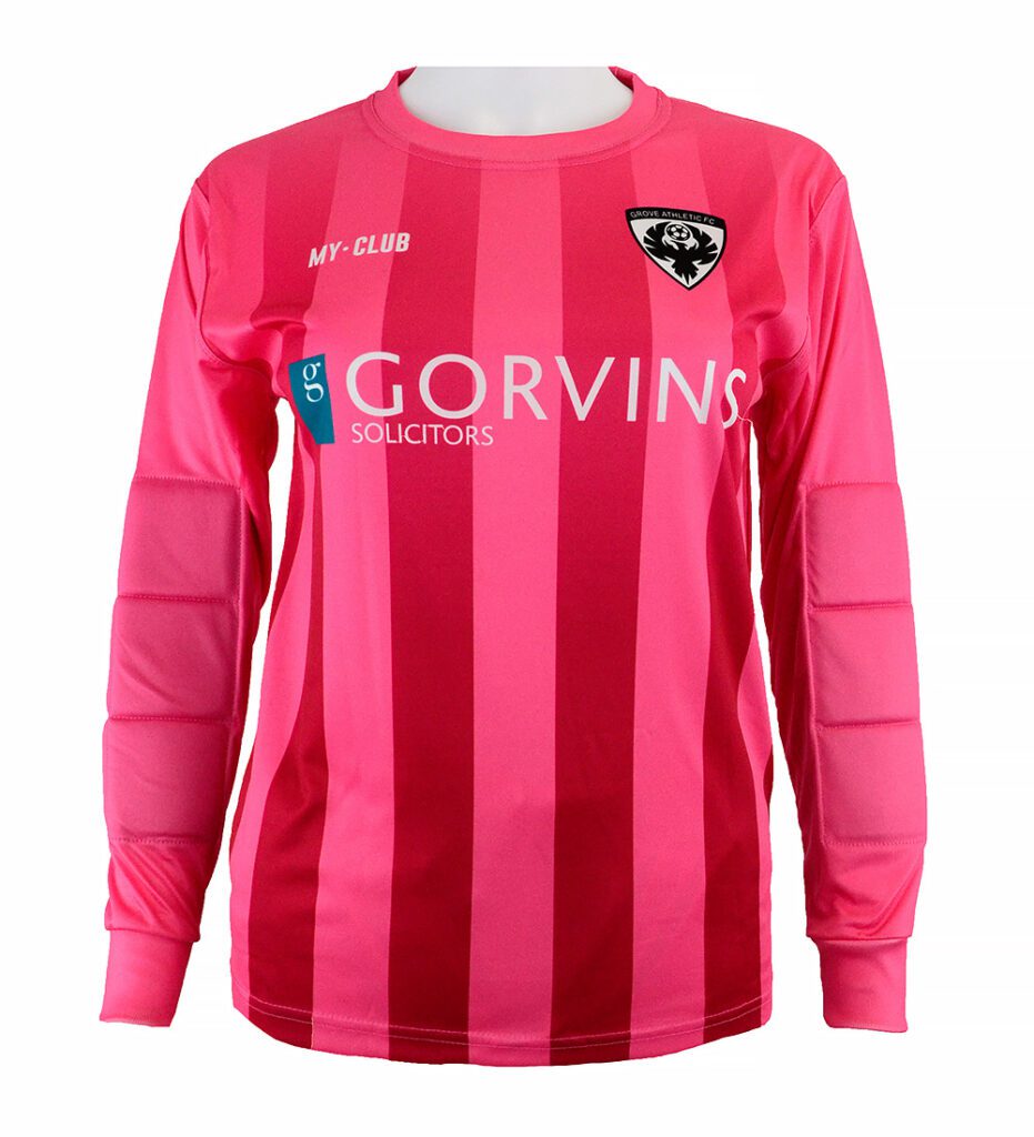 A long-sleeved pink football jersey with vertical stripes, padded arms, and the logo MY CLUB on the chest. It features a black and white badge and the sponsor GORVINS SOLICITORS printed on the front.