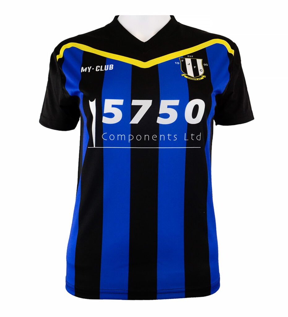 A football shirt with black and blue vertical stripes, MY-CLUB printed on the chest, a crest on the right, and 5750 Components Ltd sponsor logo in white across the front.
