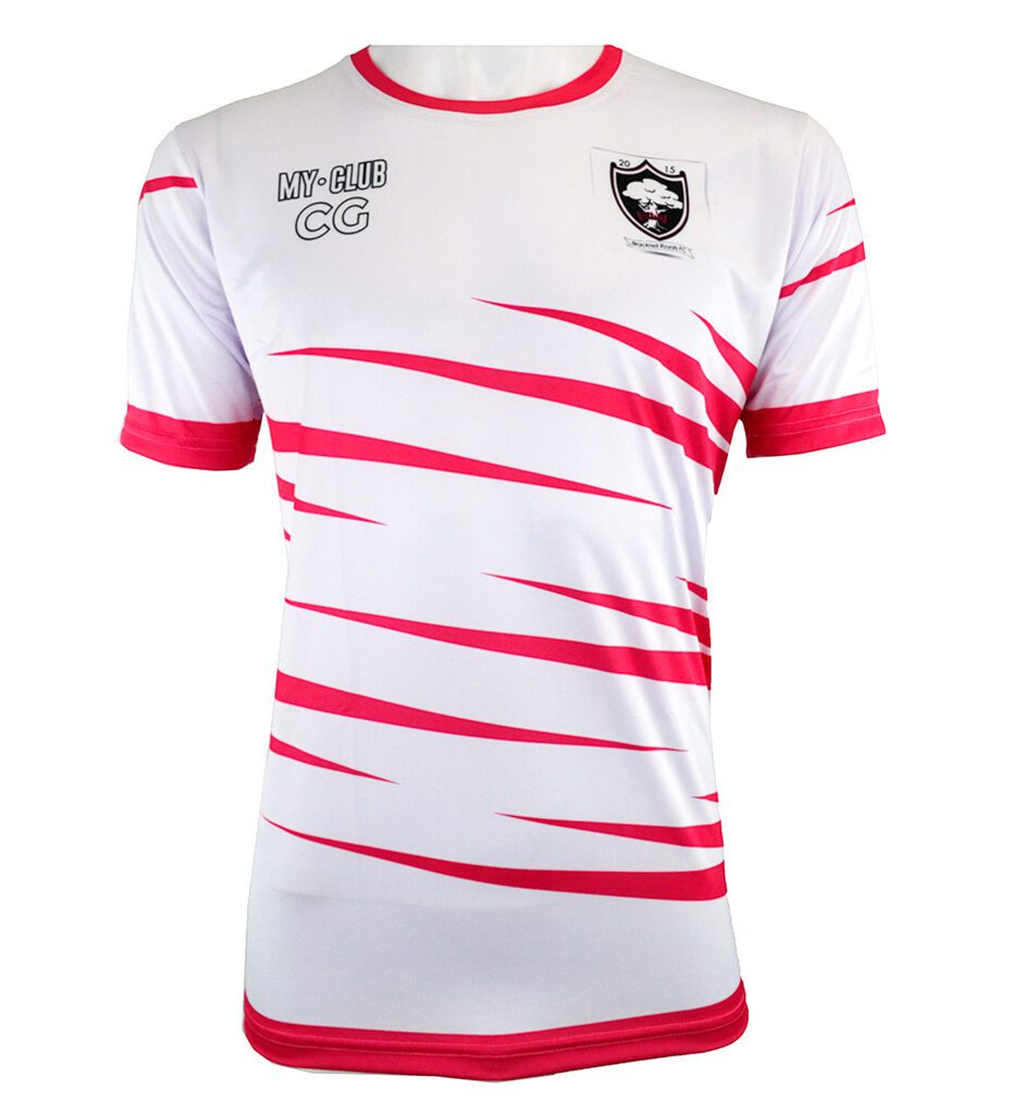 A white short-sleeved sports shirt with pink diagonal stripes, pink collar and sleeve cuffs, and black logos on the chest reading MY CLUB CG and a shield emblem with a wolf.