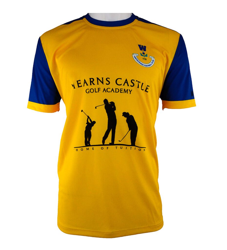 A yellow and blue short-sleeve sports jersey with Yearns Castle Golf Academy and a logo on the chest, featuring silhouettes of golfers in action and Home of Tuition written underneath.