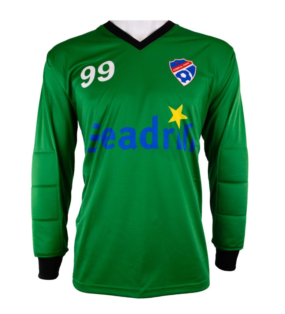 A green long-sleeve football shirt with black trim, the number 99 on the right chest, a crest on the left chest, and blue text with a yellow star across the front. The shirt has padded sleeves.