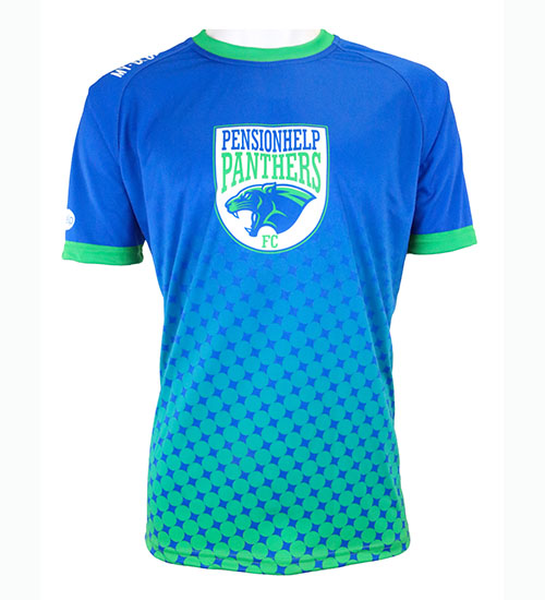 A blue football shirt featuring green sleeves and collar, with a large PensionHelp Panthers FC logo and a panther head graphic on the chest. The lower half has a pattern of green dots.