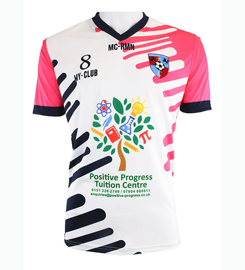 A white and pink short-sleeve sports jersey with black accents, featuring a tree and educational icons on the front, and “Positive Progress Tuition Centre” contact details below.