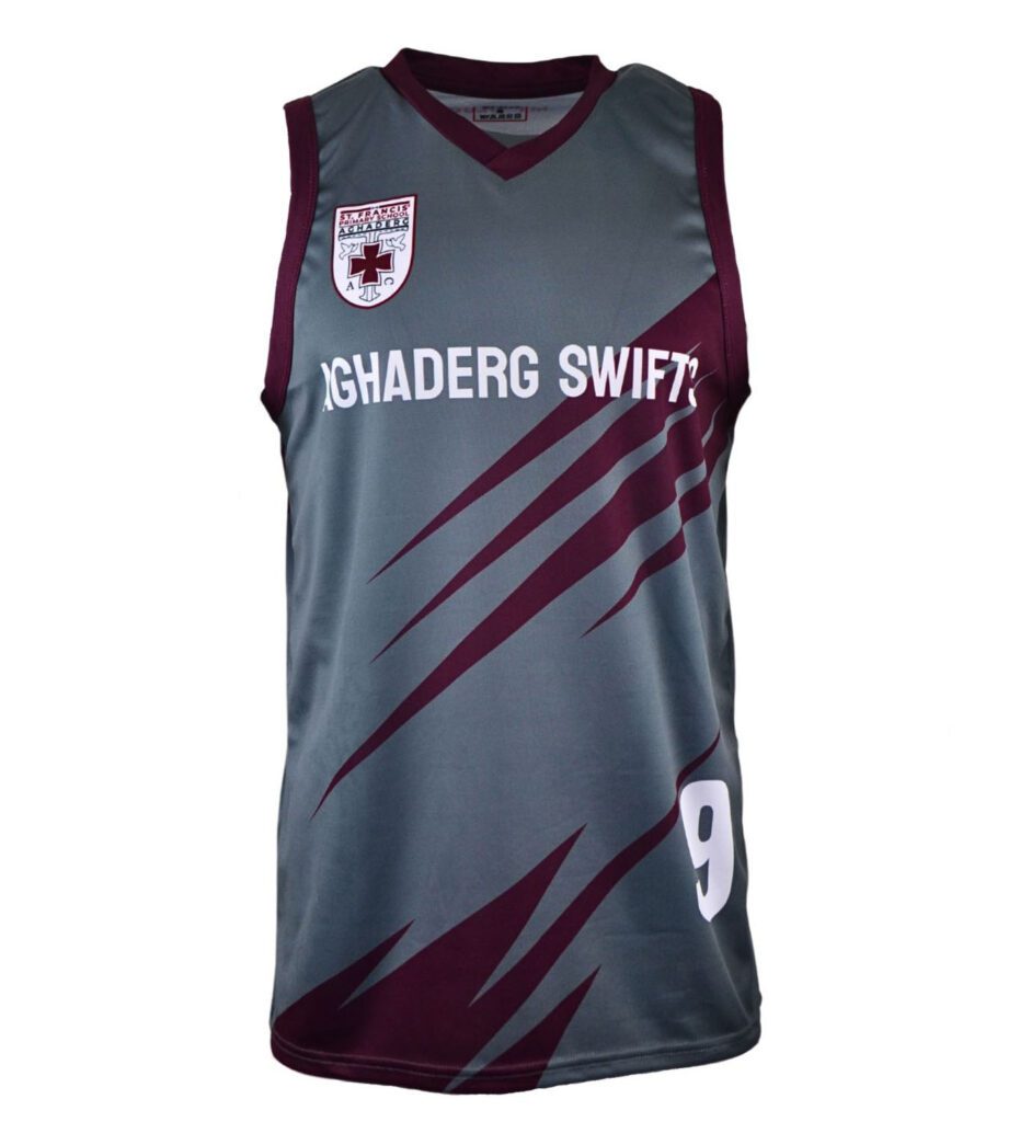 A sleeveless grey sports vest with maroon trim and claw mark graphics, featuring the text AGHADERG SWIFT and the number 9 on the front, along with a team crest on the upper left.