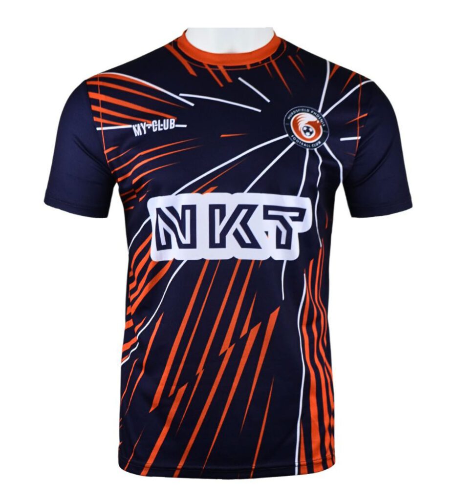 A navy blue sports jersey with orange and white abstract streaks, featuring the text “NKT” in bold white letters across the chest and a circular logo on the left chest with SKY-CLUB written on the right side.