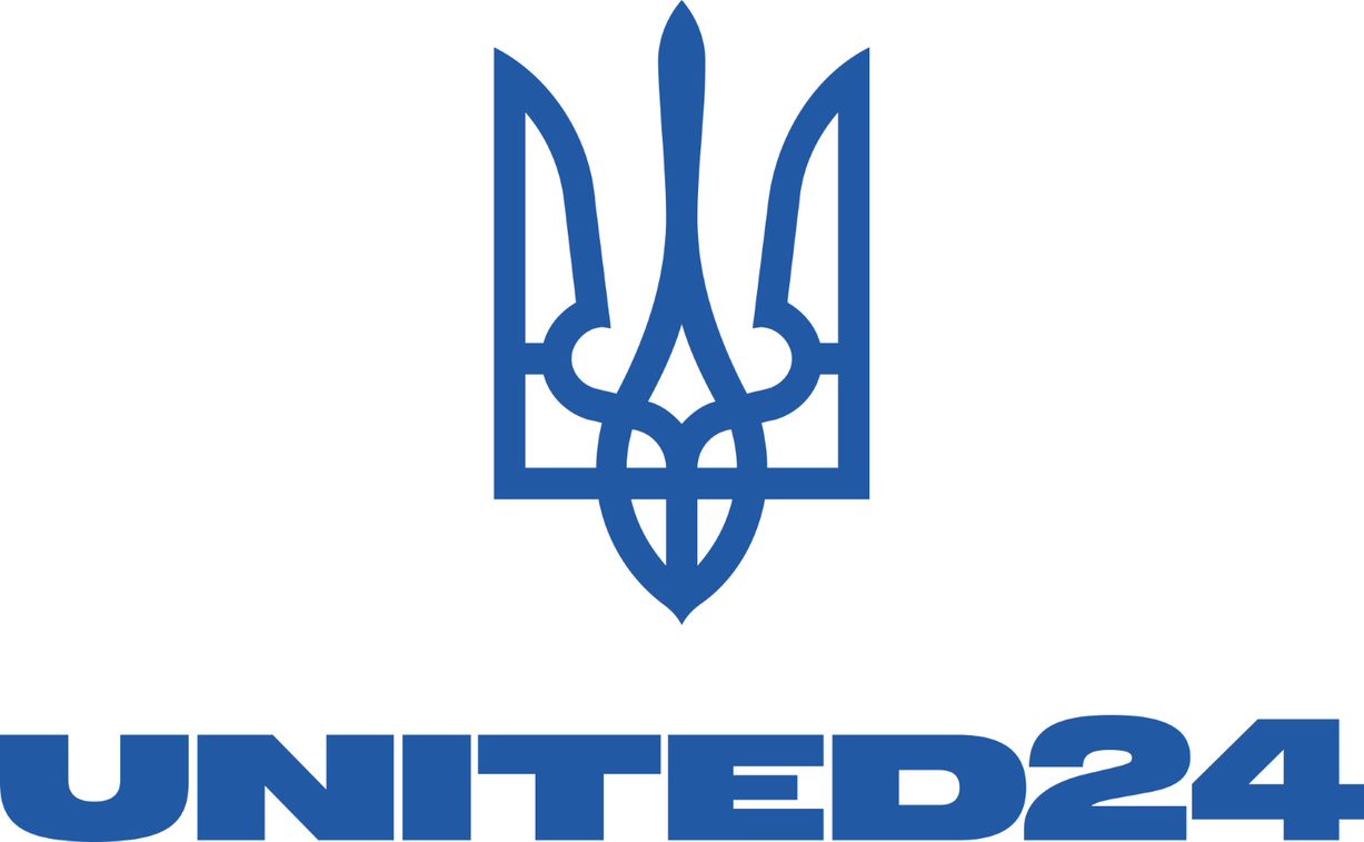 Un symbole de trident bleu apparaît au-dessus du texte bleu gras UNITED24 sur fond blanc.