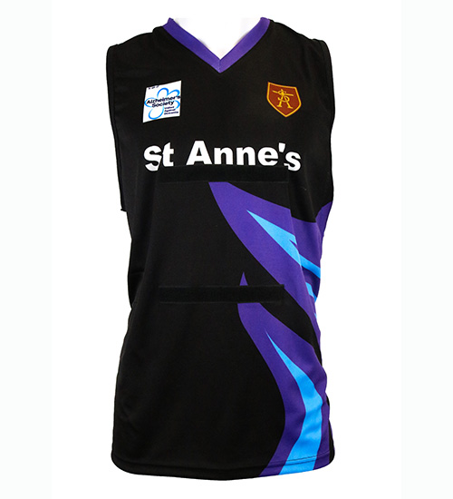 A sleeveless black sports vest with purple and blue diagonal stripes, featuring St Annes text on the front and two crest logos near the shoulders.