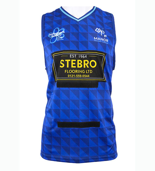 Blue geometric-patterned sleeveless sports vest featuring sponsor logos, including STEBRO FLOORING LTD in yellow and black on the front, with additional white logos and text on the chest area.