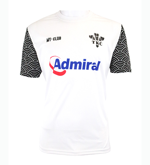 A white football jersey with black wave-patterned sleeves, MY-CLUB and TKC logos on the chest, and a large blue and red Admiral logo across the front.
