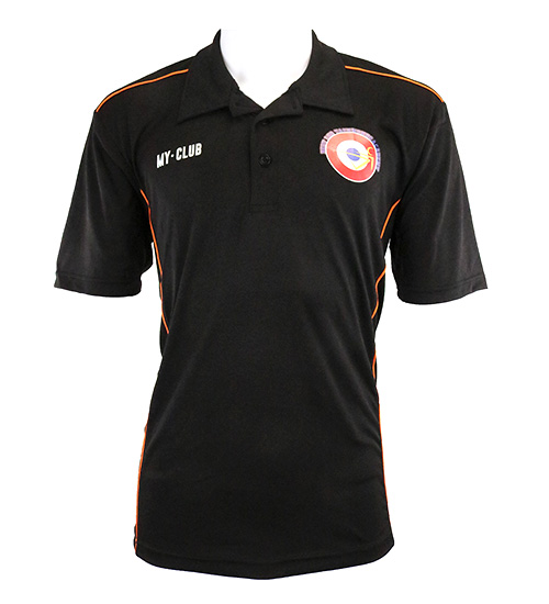 A black short-sleeved polo shirt with orange accents, featuring a white MY CLUB text on the right chest and a circular red and white logo with a yellow detail on the left chest.