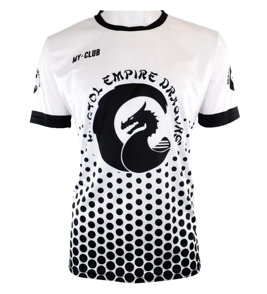 A white short-sleeve sports jersey with black trim, black dragon logo and EMPIRE DRAGONS text on the front, MY-CLUB on the chest, and a dotted black pattern at the bottom.