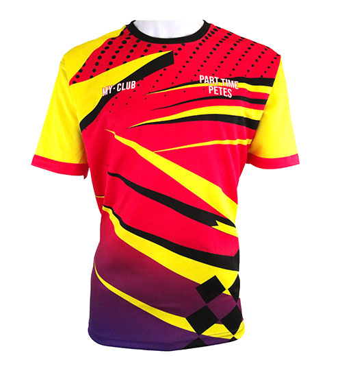 A short-sleeved sports shirt with bold red, yellow, purple, and black abstract stripes and geometric patterns. The shirt has text reading MY CLUB on the left chest and PART-TIME PETES on the right chest.